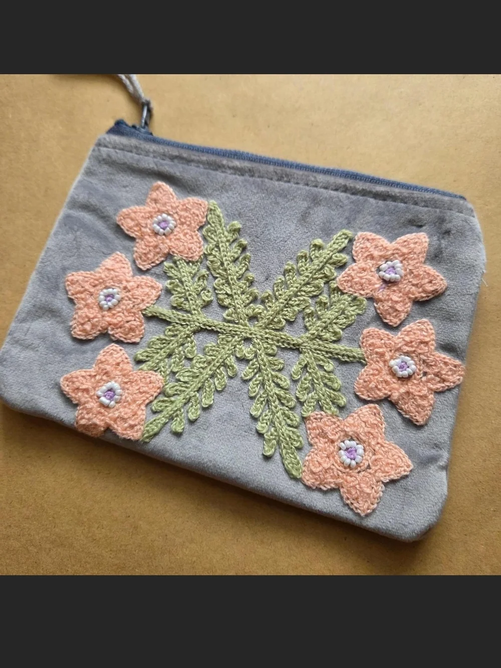 Grey Suede Coin Purse with Pink and Green Floral Embroidery
